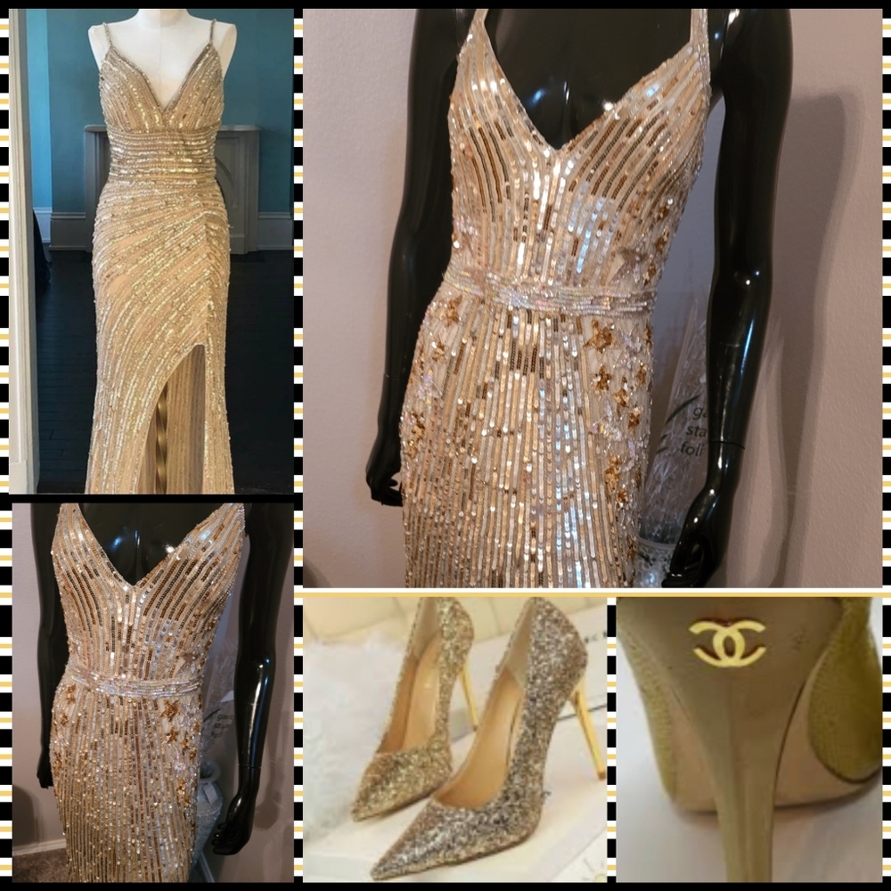 Elegant evening with gold floor length dress